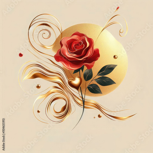  Valentine’s Day Golden light, fluid colours inscription  with a single pink rose, gold accents