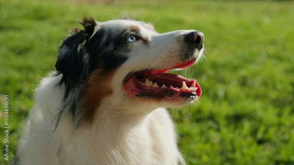 Australian Shepherd dog portrait with striking blue eyes captured outdoors in a park setting