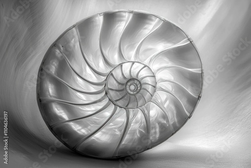 Beautiful black and white spiral seashell reflecting light, showcasing nature's intricate design. Contrast and texture highlight the elegance of natural forms.