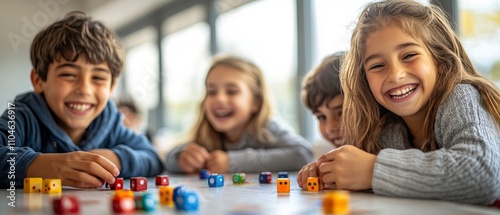 Children enjoying a board game together, smiling and engaging in playful interaction.