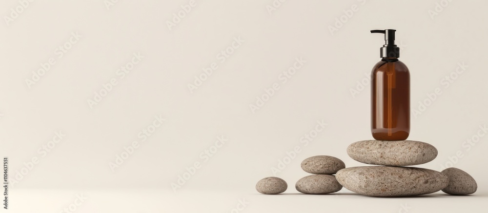 brown bottle on the right side, standing next to rocks, white background brown bottle on the right side, standing next to rocks, white background