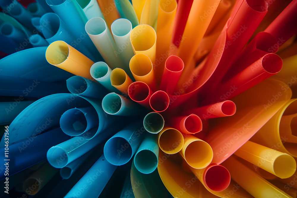 Bright Multicolored Plastic Drinking Straws Arranged in a Radial Pattern