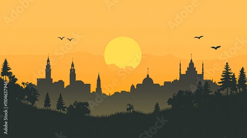 Silhouette of a city at sunset with mountains and birds. photo