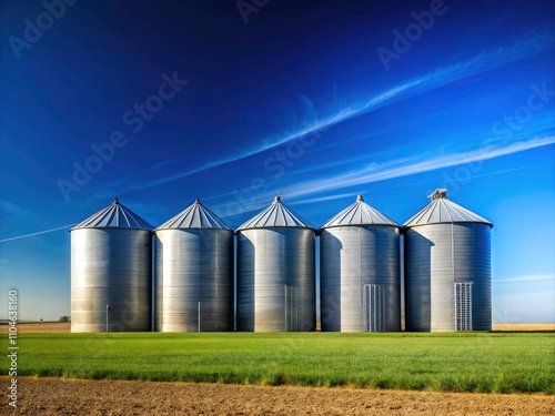 Minimalist Silos: Captivating Structures in Open Fields, Emphasizing Geometric Shapes, Natural Light, and Serene Landscapes for Stunning Aesthetic Appeal in Agricultural Photography