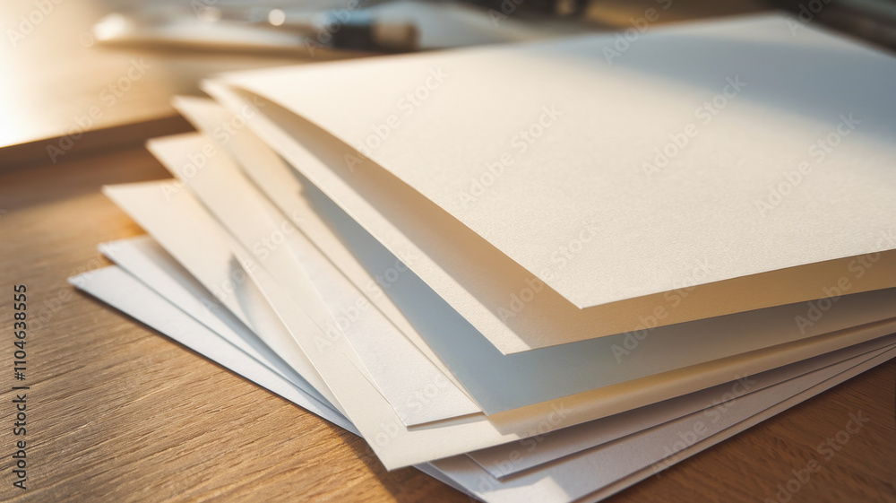 A stack of blank white sheets of paper rests on a warm wooden table, illuminated by soft sunlight, creating a serene and creative atmosphere. A stack of blank white sheets of paper rests on a warm wooden table, illuminated by soft sunlight, creating a serene and creative atmosphere.