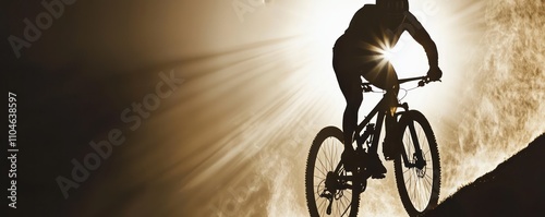 Silhouetted cyclist captured mid-ride, illustrating movement against a bright background photo