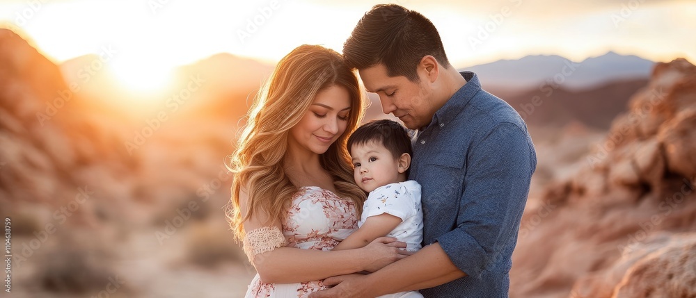 A family portrait at sunset, capturing love and togetherness in a natural setting. A family portrait at sunset, capturing love and togetherness in a natural setting.