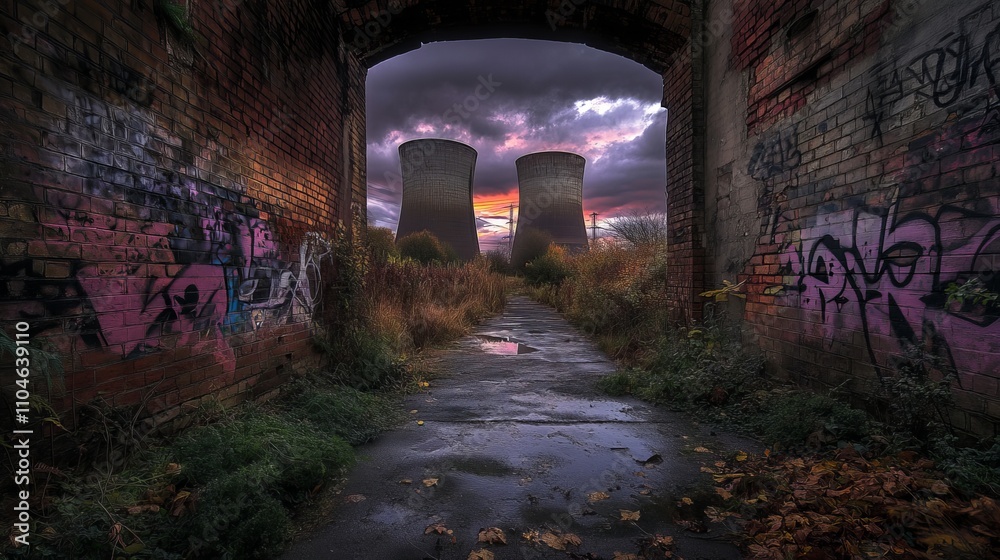 Fototapeta premium Abandoned Industrial Landscape Featuring Cooling Towers Under Dramatic Sunset Sky with Vibrant Graffiti on Rustic Walls and Overgrown Pathway