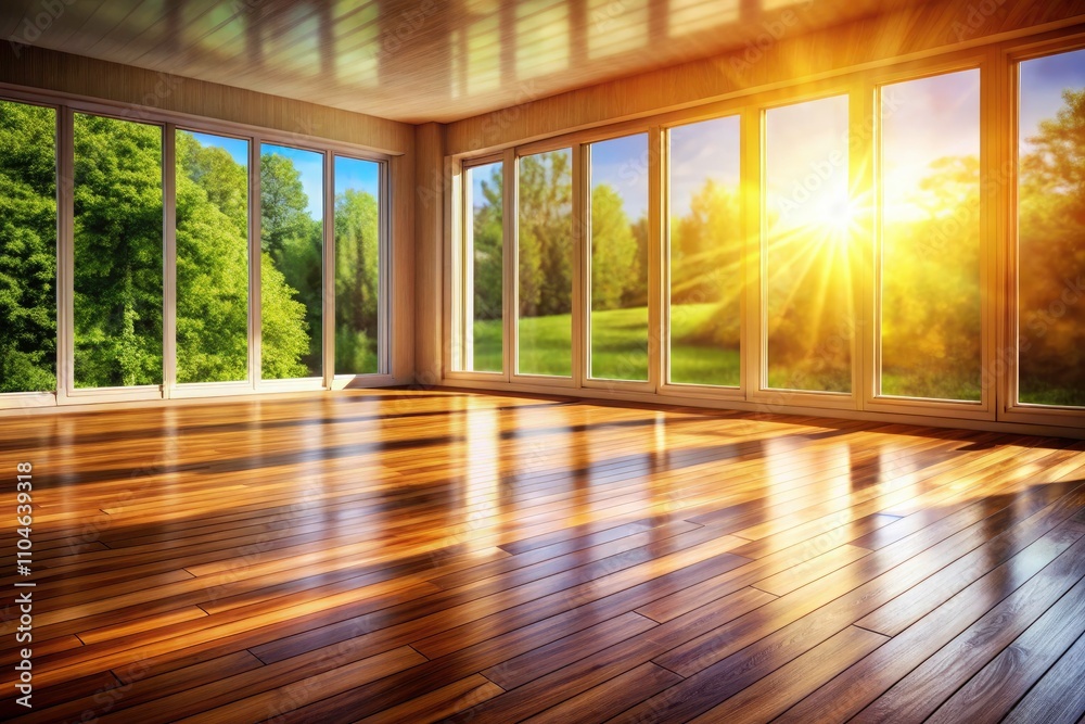 Fototapeta premium Macro Photography: Empty Room, Wood Floor, Large Windows, Copy Space, Sunlight, Interior Design, Minimalist, Natural Light