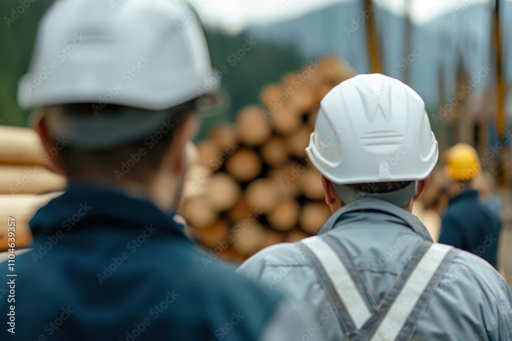 Professional forestry workers conducting timber quality inspection at sustainable logging operation demonstrating environmental commitment through responsible wood sourcing and traceability practices