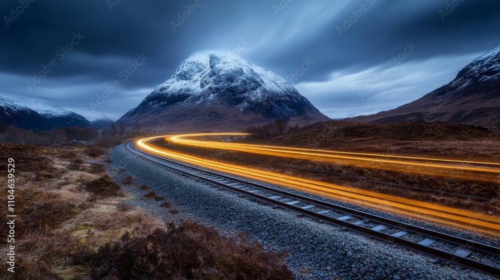 Majestic Mountain Landscape at Dusk with Snow-Capped Peaks and Vibrant Train Light Trails Along the Rail Tracks in a Dramatic Sky Majestic Mountain Landscape at Dusk with Snow-Capped Peaks and Vibrant Train Light Trails Along the Rail Tracks in a Dramatic Sky