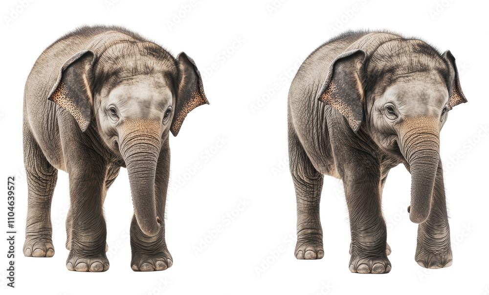 Obraz premium Two young elephants walking side by side, cut out - stock png.