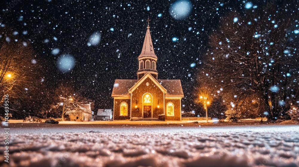 Fototapeta premium Snow falls on a brightly lit church at night.