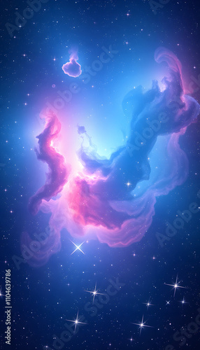 Cosmic background with a blue and pink nebula and stars. Space background with realistic nebula and shining stars. Abstract scientific background with nebulae and stars in space isolated with white 