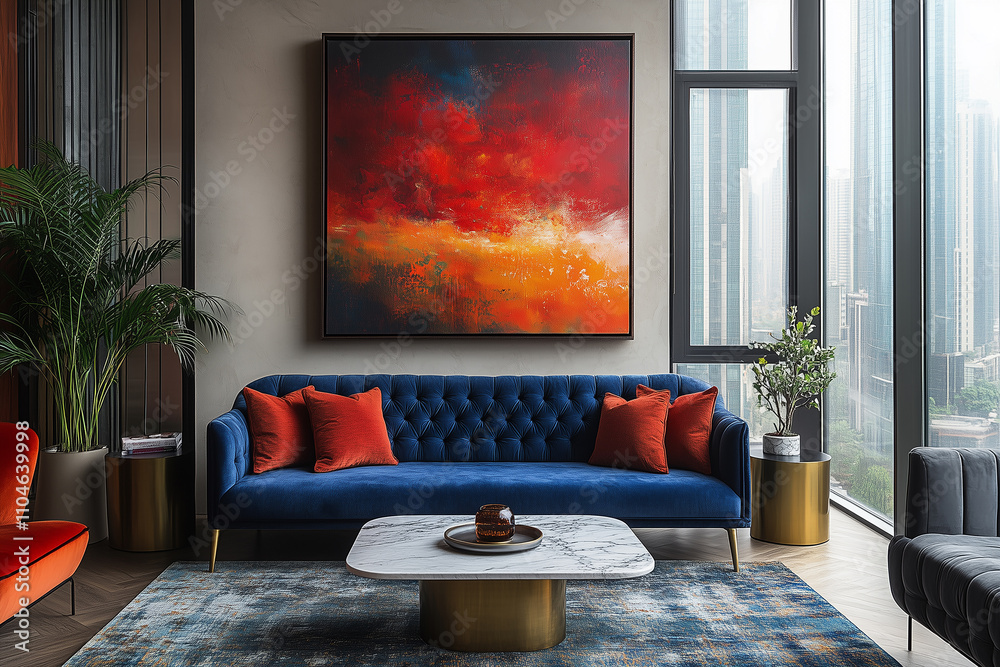 Modern living room featuring a navy blue sofa and marble coffee table with vibrant artwork Modern living room featuring a navy blue sofa and marble coffee table with vibrant artwork