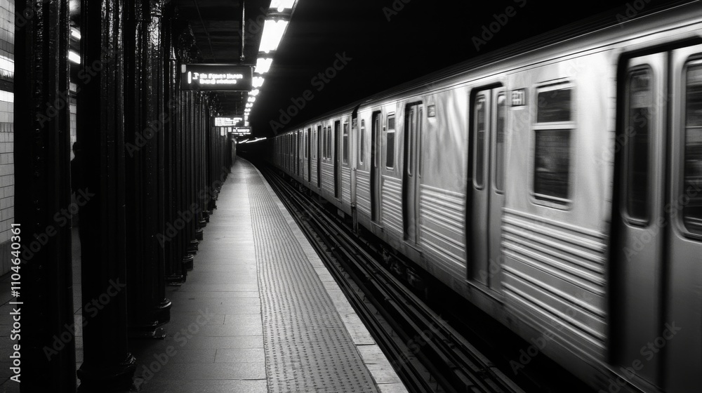 Urban Subway Scene with a Moving Train in Black and White, Capturing the Motion and Atmosphere of Daily Commuters in a Busy Metro Environment
