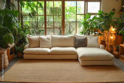 Cozy living room featuring a white sofa surrounded by greenery and natural light throughout the day