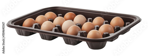 Fresh brown eggs in a plastic tray for sale, cut out - stock png. photo