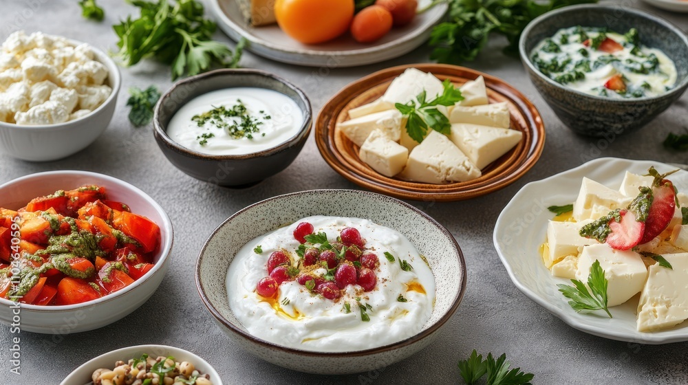 A selection of delicious dairy-based dishes, such as creamy cheese and fresh yogurt, beautifully presented with vibrant colors under soft studio lighting. A selection of delicious dairy-based dishes, such as creamy cheese and fresh yogurt, beautifully presented with vibrant colors under soft studio lighting.