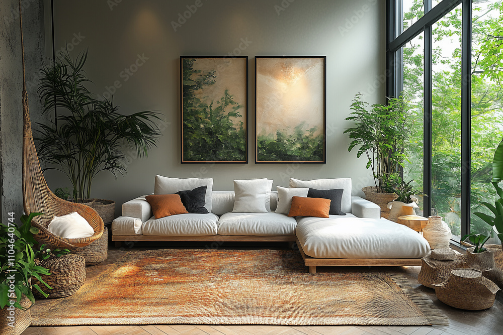Cozy living room featuring a white sofa and natural elements in a serene setting Cozy living room featuring a white sofa and natural elements in a serene setting