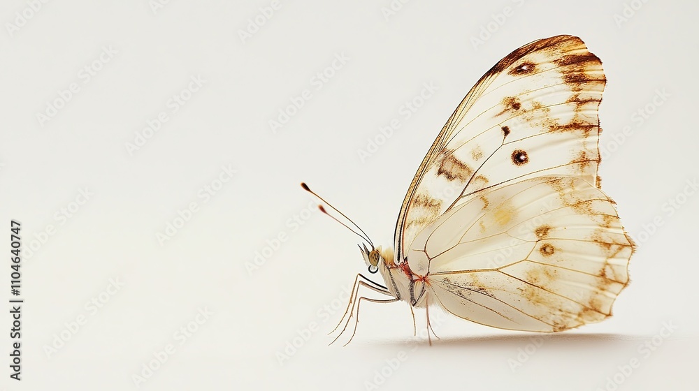 Obraz premium A side view of a butterfly, captured in intricate detail, showcasing its delicate wings and vibrant patterns, set against a clean white background. The butterfly’s graceful form is highlighted, 