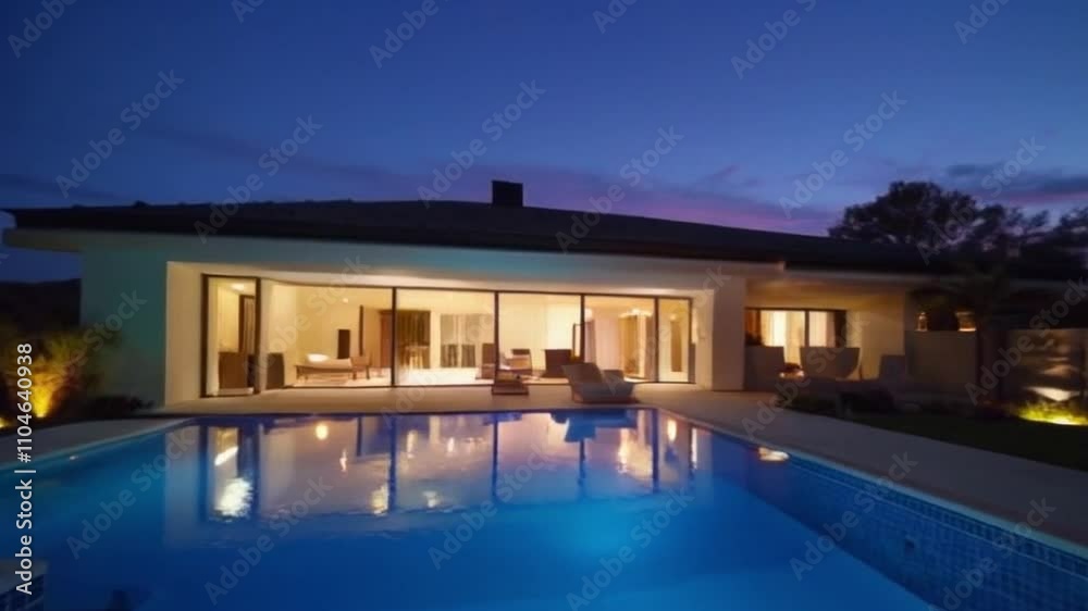 Cinematic 4K video of a modern home at dusk, featuring sleek architecture, twilight reflections, and warm patio lighting Cinematic 4K video of a modern home at dusk, featuring sleek architecture, twilight reflections, and warm patio lighting