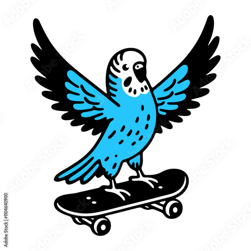 budgerigar parrot on a skateboard funny illustration 