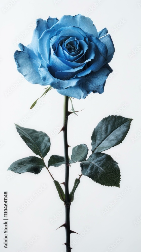 Obraz premium Beautiful blue rose with delicate petals on a slender stem, showcasing its unique color and elegance against a light background. Romantic flower concept.