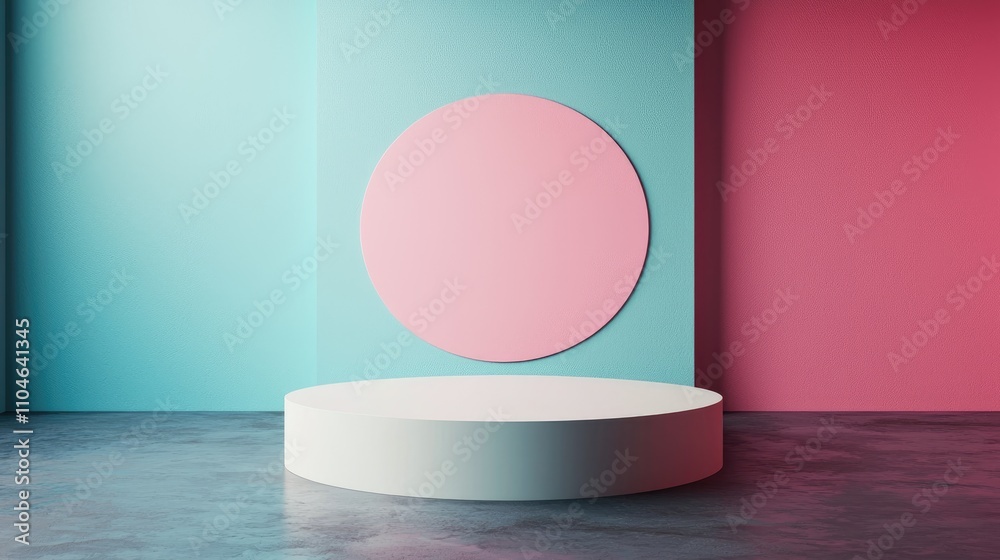 Minimalist Product Display with Pink Circle and White Cylinder on Turquoise and Red Walls Minimalist Product Display with Pink Circle and White Cylinder on Turquoise and Red Walls
