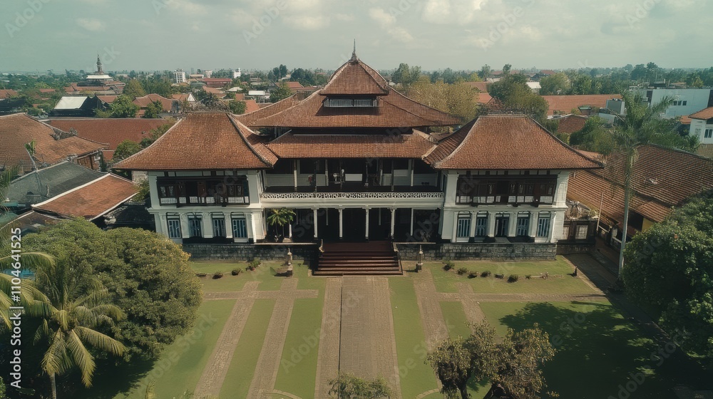 Aerial view of a large traditional Asian building with a brown tiled roof, surrounded by lush greenery and a paved courtyard. Aerial view of a large traditional Asian building with a brown tiled roof, surrounded by lush greenery and a paved courtyard.
