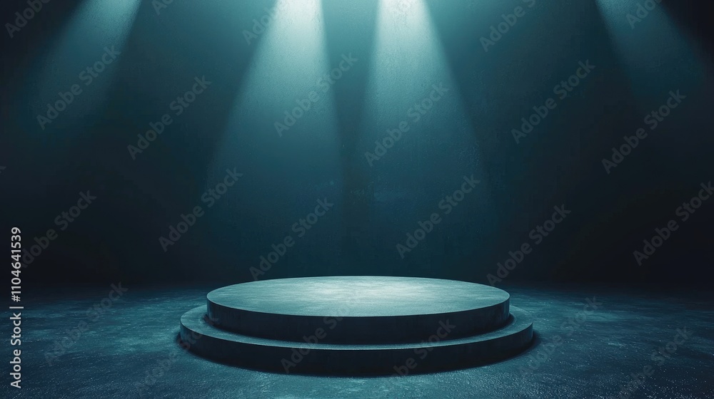Two-Tiered Circular Platform Illuminated by Spotlights in a Dark Room