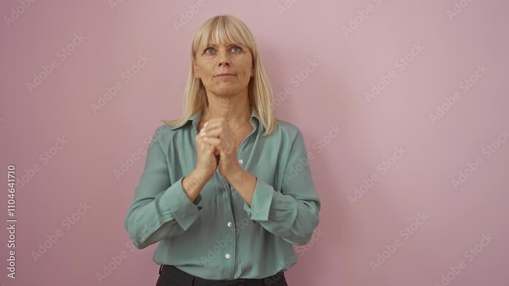 Middle age woman, blonde, wearing shirt, standing with mad expression, shouting with raised arms, crazy and frustrated over isolated pink background Middle age woman, blonde, wearing shirt, standing with mad expression, shouting with raised arms, crazy and frustrated over isolated pink background