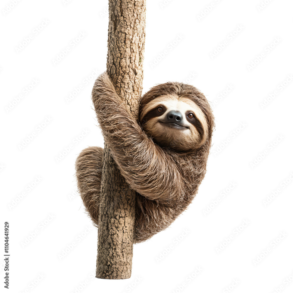 Fototapeta premium A Charming Sloth Embracing Nature: Captivating Image of a Sloth Clinging to a Tree, With a Playful Expression That Captures the Essence of Wildlife Serenity and Carefree Living.