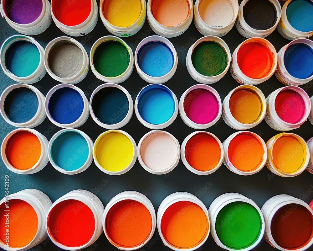 A vibrant arrangement of colorful paint containers displayed in a grid, showcasing a variety of hues and shades. A vibrant arrangement of colorful paint containers displayed in a grid, showcasing a variety of hues and shades.