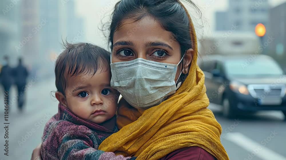 Little Indian baby and mother wearing mask in public crowded place for protect and to stop virus outbreak