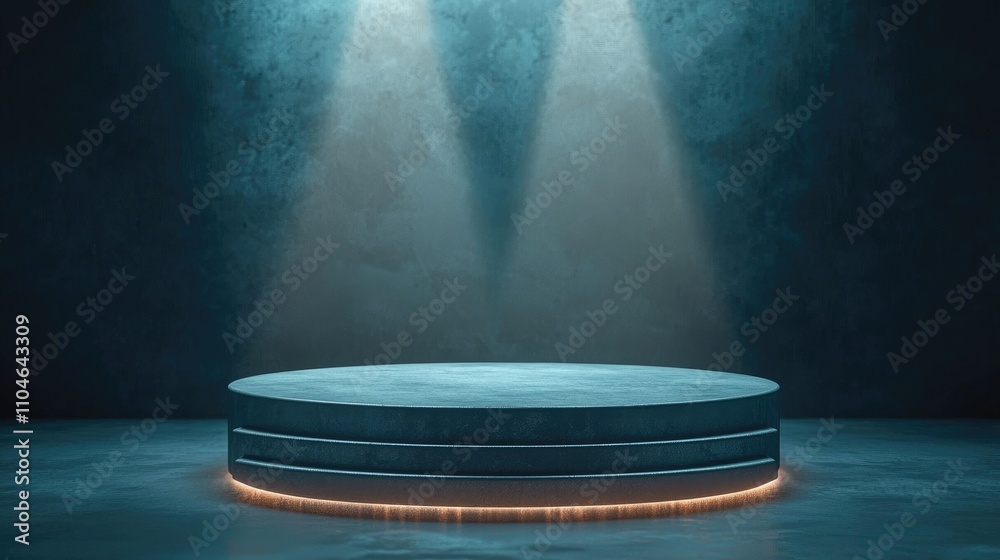 A Circular Platform with a Glowing Base Illuminated by Two Spotlights A Circular Platform with a Glowing Base Illuminated by Two Spotlights