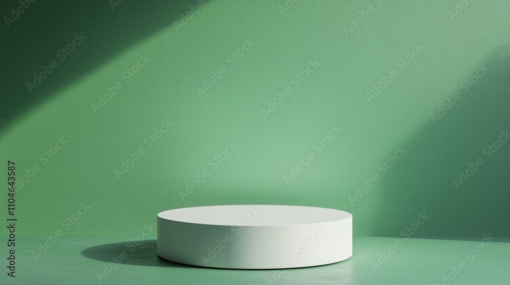 A White Cylinder Platform on a Green Textured Background