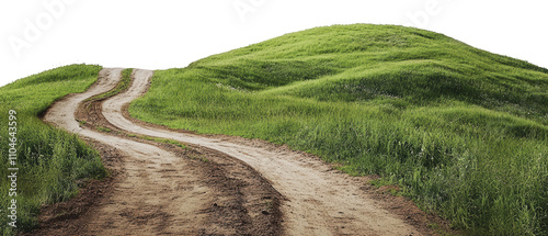 Winding dirt road through lush green hills, cut out - stock png.