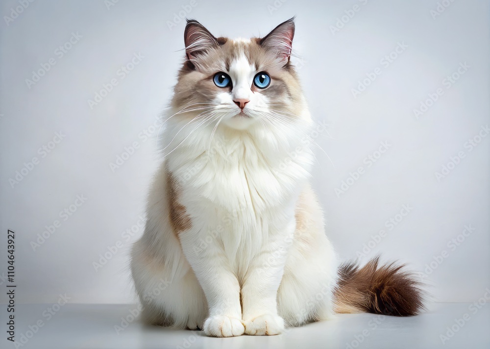 Stunning Blue Bicolor Ragdoll Cat Posing Elegantly on a Bright White Background, Showcasing its Fluffy Fur and Charming Features Ideal for Pet Lovers and Cat Enthusiasts Stunning Blue Bicolor Ragdoll Cat Posing Elegantly on a Bright White Background, Showcasing its Fluffy Fur and Charming Features Ideal for Pet Lovers and Cat Enthusiasts