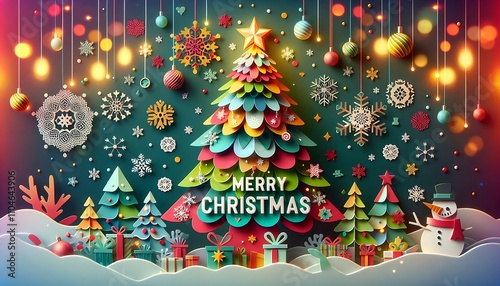 Colorful Paper Christmas Tree Festive Winter Scene
