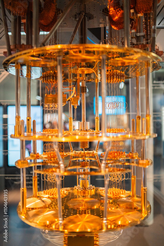 Intricate Quantum Computer System Reflecting Advanced Technology with Precision Engineering and Golden Metallic Structures