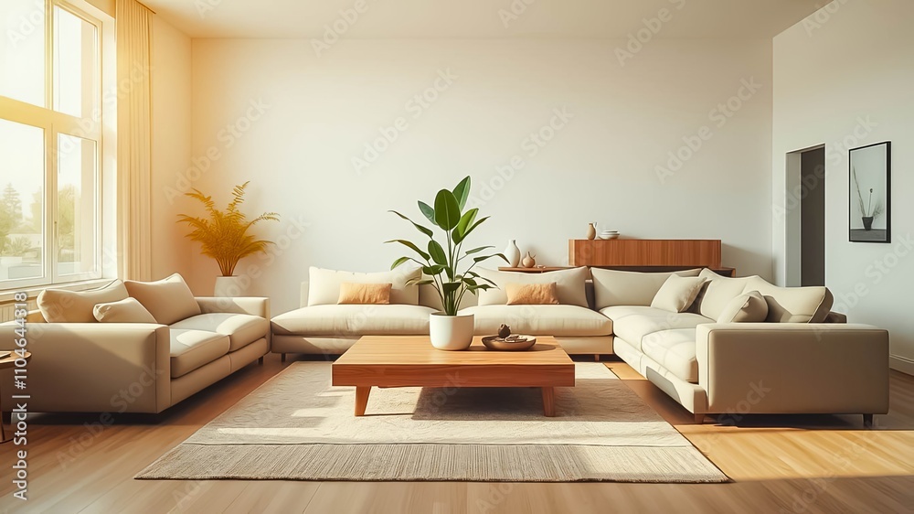 Modern minimalist living room interior design with sunlight streaming through a large window, featuring a beige sectional sofa, wooden coffee table, and potted plants. Modern minimalist living room interior design with sunlight streaming through a large window, featuring a beige sectional sofa, wooden coffee table, and potted plants.