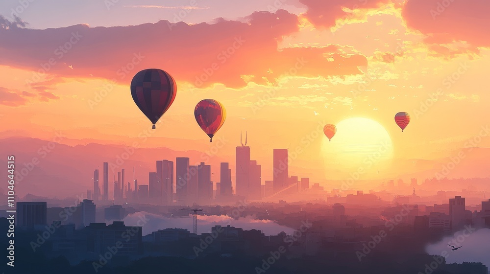 Fototapeta premium A city skyline with hot air balloons floating in the morning sky