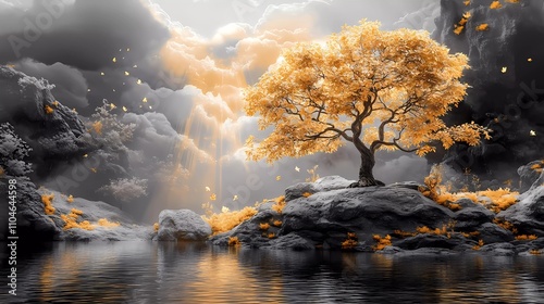 3D wallpaper with a golden tree, a black and white landscape background, fantasy trees on rocks in water, golden light shining through clouds, and golden leaves