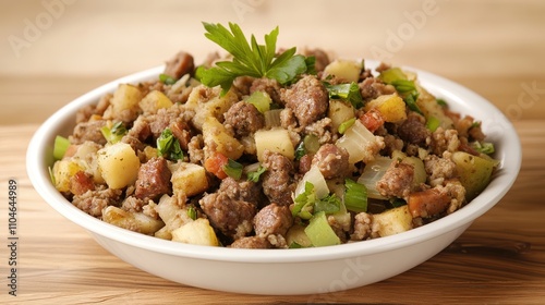 A delicious plate of traditional sausage stuffing, featuring savory sausage, herbs, and vegetables, all mixed together in a flavorful blend of textures and aromas, perfect for holiday meals or family 