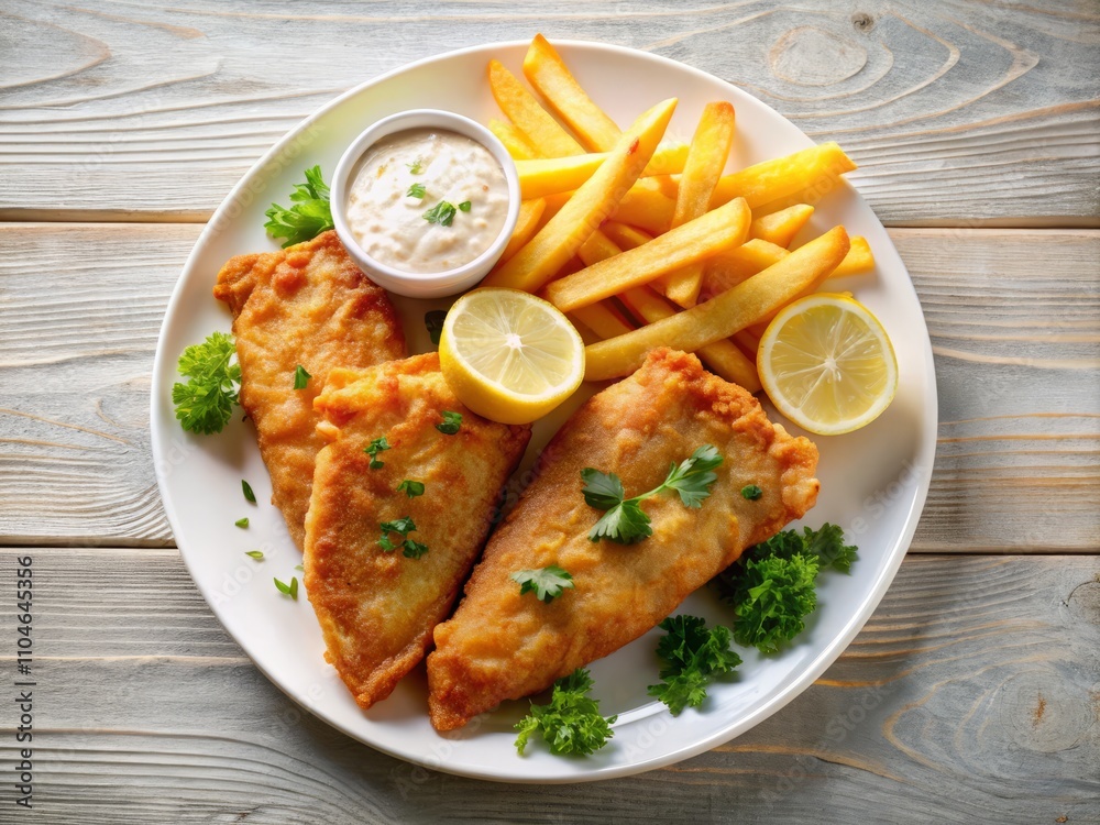 Top View of Classic Fish and Chips Plate on a Background, Perfect for Food Blogs, Menus, and Culinary Promotions, Showcasing Crispy Fish, Golden Chips, and Tartar Sauce Top View of Classic Fish and Chips Plate on a Background, Perfect for Food Blogs, Menus, and Culinary Promotions, Showcasing Crispy Fish, Golden Chips, and Tartar Sauce