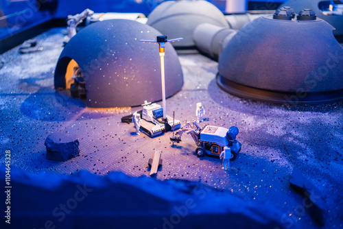 Miniature Lunar Base Model Featuring Futuristic Dome Structures and Astronaut Figures in Space Exploration Scene