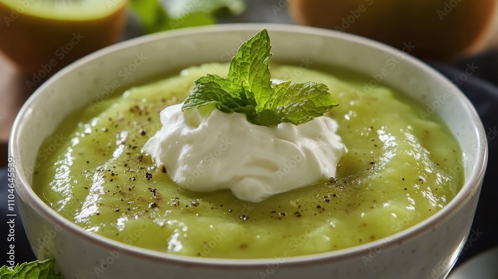 Chilled kiwi soup topped with a dollop of whipped cream and mint sprigs, Chilled kiwi soup topped with a dollop of whipped cream and mint sprigs,
