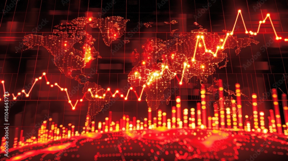 Fototapeta premium Global market downturn illustrated with a world map and red graphs showing economic decline.
