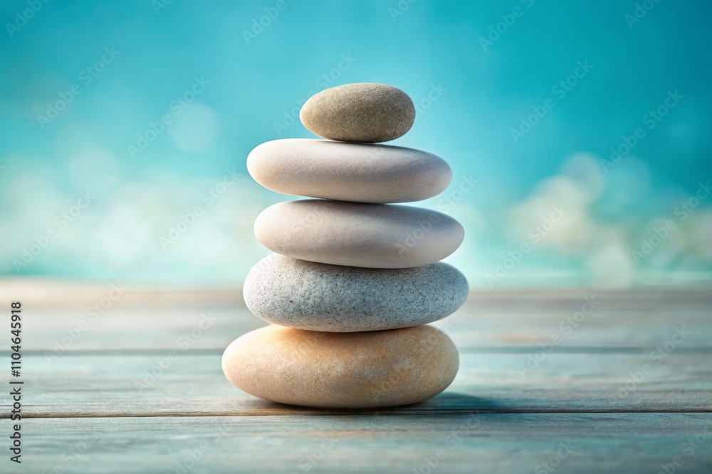 Tranquil Zen Pebbles Stacked with Precision Against a Soft Light Blue Background for Relaxation and Meditation in a Spa or Wellness Studio Setting Tranquil Zen Pebbles Stacked with Precision Against a Soft Light Blue Background for Relaxation and Meditation in a Spa or Wellness Studio Setting